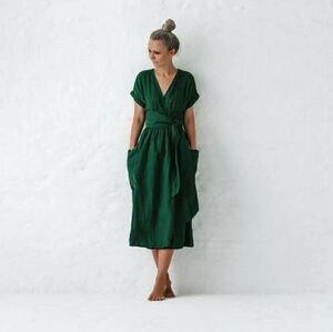 Seaside Tones Linen Kimono Wrap Dress